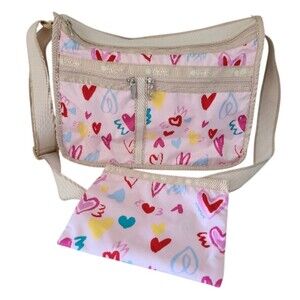 RARE SET lesportsac hand drawn hearts classic Hobo crossbody bag + cosmetic
